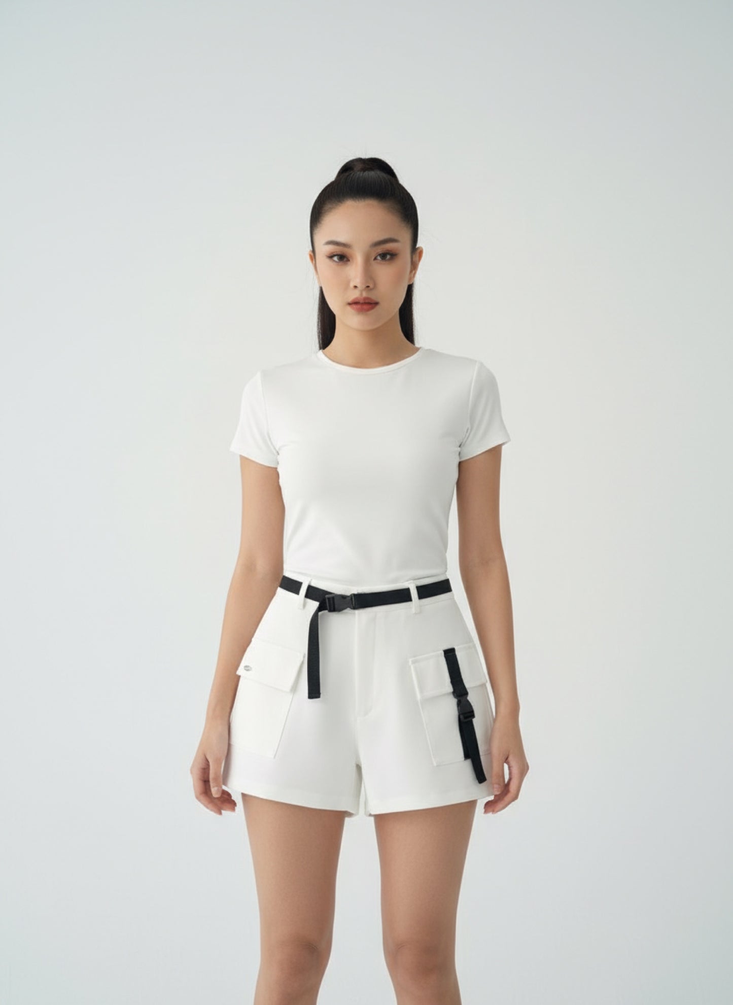 WHITE CARGO BELT SHORTS