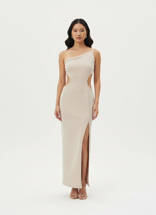 CREAM ONE-SHOULDER LONG DRESS