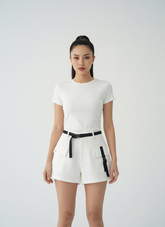 WHITE CARGO BELT SHORTS